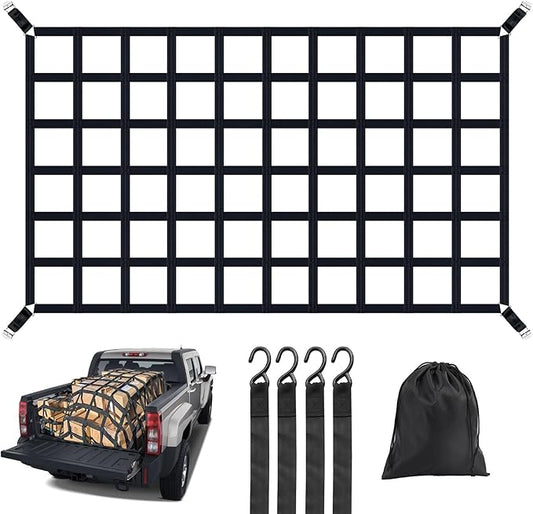 Cargo Net for Pickup Truck Bed, Heavy Duty 1100LBS Capacity, Adjustable Cam Buckles & S-Hooks, Thick Herringbone Nylon Mesh with Drawstring Storage Bag for Trailers and Trucks