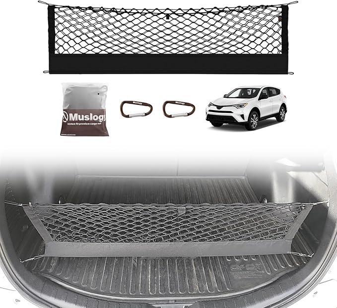 Muslogy Envelope Style Trunk Cargo Net Compatible with Toyota RAV4 2013-2018 Accessories Custom Fit Trunk Organizer Upgraded Storage Luggage Net with Metal Hooks