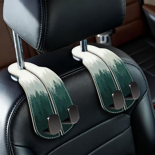 Blusabaca 2PCS Car Seat Back Storage Headrest Hooks, Forest Trees Purse Holder Bags Hanger, PU Leather Double Metal Hook for Backseat Organizer, Women Car Accessories Organization