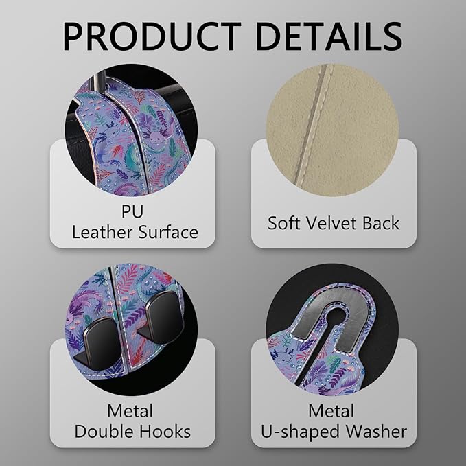 Blusabaca 2PCS Car Seat Back Storage Headrest Hooks, Cute Axolotl Purse Holder Bags Hanger, PU Leather Double Metal Hook for Backseat Organizer, Women Car Accessories Organization