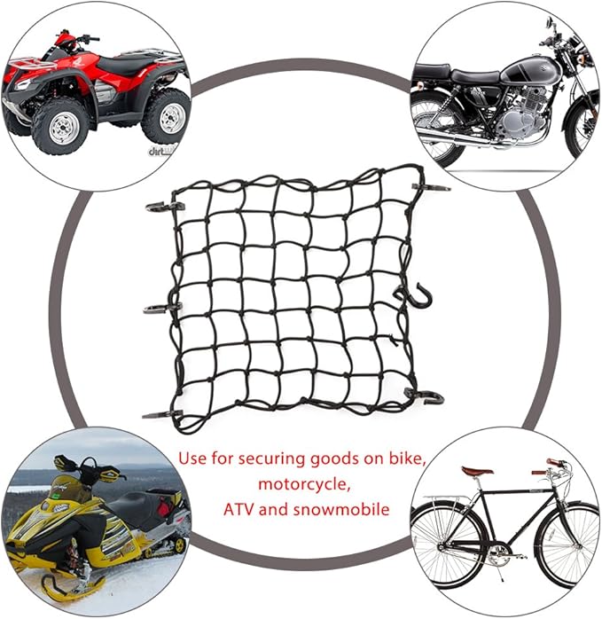 CZC AUTO 15"x15" Black Latex Bungee Cargo Net Strech to 30"x30", Gear Helmet Luggage Netting with 2"X2" Small Mesh and 6 Adjustable Plastic Hooks for Motorcycle Bike Paddleboard Quad Canoe Moped ATV