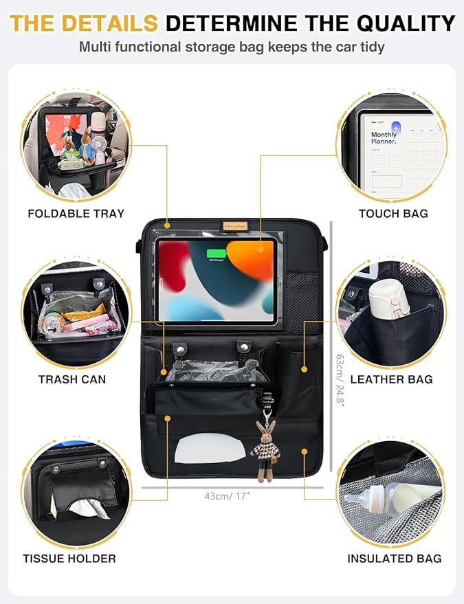 1-Pack Leather Car Backseat Organizer with Tablet Holder–Foldable Food Tray,Storage Pockets,Trash Can,Tissue Holder & Insulated Bag–Kick Mats Protector for Kids,Travel Accessories Organizer