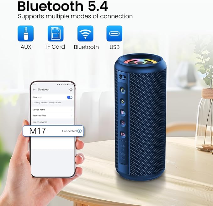 Portable Bluetooth Speaker, 2026 Bluetooth 5.4 Wireless Speaker with 20W HD Loud Stereo Sound, 20H Playtime, LED Lights, IP7, TWS Pairing, Built-in Mic, for Outdoor, Home, Beach, Party, Gift, Blue