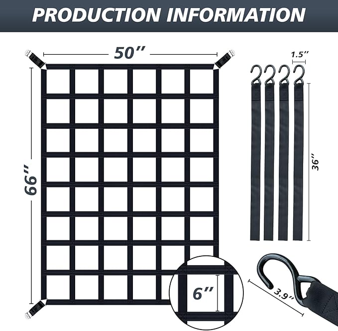 Heavy Duty Cargo Net for Pickup Truck Bed 66" x 50" 1100 lbs Capacity with Adjustable Cam Buckles S-Hooks and Drawstring Storage Bag, Durable Nylon for Trailers and Trucks