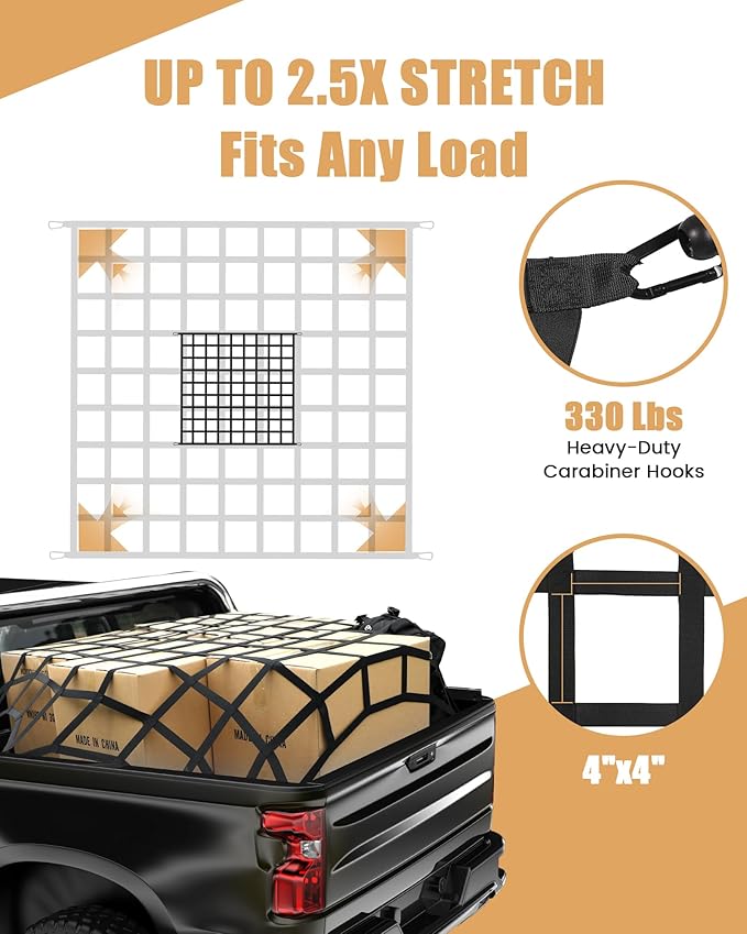 The First Flat Bungee Cargo Net for Pickup Truck Bed, 4' x 4' Stretches to 10' x 10', 25 MM Heavy Duty Cargo Net with 2 Using Modes, for Dodge RAM, Ford, Chevy, Toyota, etc