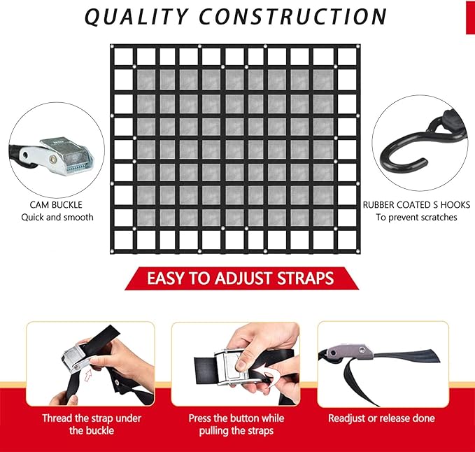 Surmountway Cargo Net for Pickup Truck Bed with Mesh(96" x 80"), Truck Bed Cargo Net Capacity 1100LBS, Heavy Duty Cargo Nets with Adjustable Cam Buckles & S-Hooks, Truck Cargo Net for Trailer Trucks