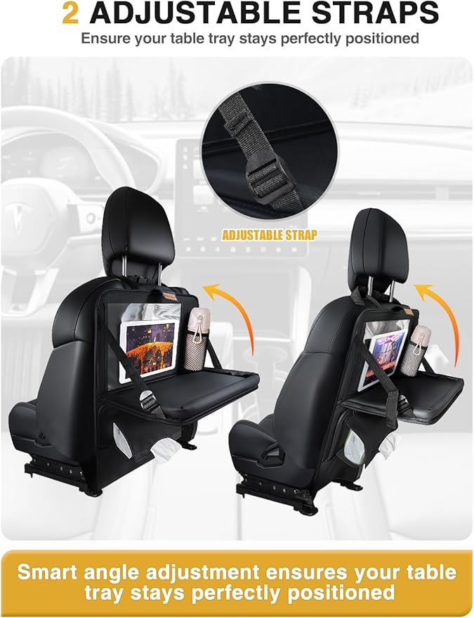 1-Pack Leather Car Backseat Organizer with Tablet Holder–Foldable Food Tray,Storage Pockets,Trash Can,Tissue Holder & Insulated Bag–Kick Mats Protector for Kids,Travel Accessories Organizer