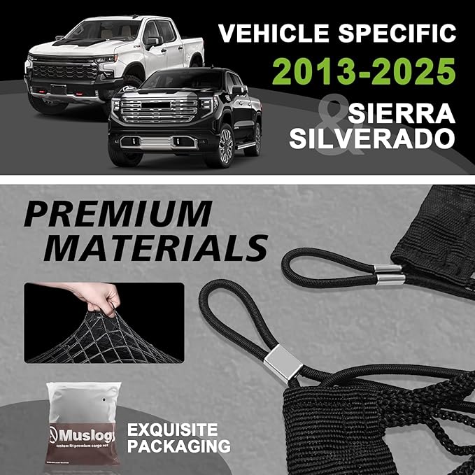 Muslogy Truck Bed Cargo Net Compatible with 2013-2025 Chevy Silverado & GMC Sierra 1500/2500HD/3500HD Accessories Storage Organizer Pickup Truck Bed Envelope Style Cargo Net with Heavy Duty Carabiners
