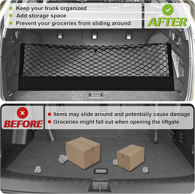 Muslogy Envelope Style Trunk Cargo Net Compatible with 2020-2024 2025 Kia Telluride Accessories Custom Fit Trunk Organizer Upgraded Mesh Storage Luggage Net with Metal Hooks