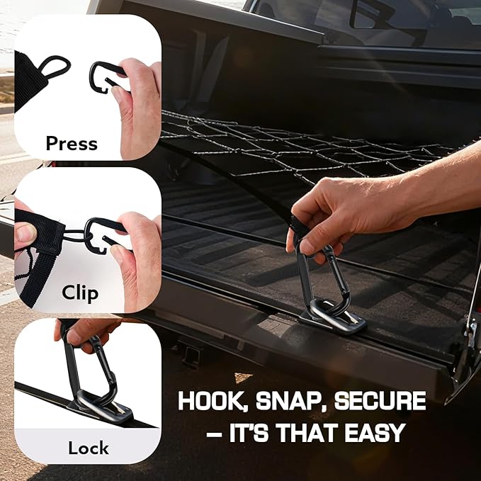 Cargo Net for Pickup Truck Bed, Stretchable 4'x4' to 7'x7' Fine Mesh Elastic Net Set with Heavy-Duty Iron Hooks & 2 Tie-Down Straps, Secure Truck Bed Cargo Netting for Pickup and Trailer Transport