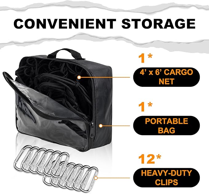 Seven Sparta 4' x 6' Large Cargo Net for Pickup Truck Bed Stretches to 8' x 12' for Truck Bed, Trailer, Trunk, SUV with 12 Bonus D Clip Carabiners Cargo Net for Large Loads (Black, 4'x6')