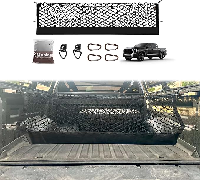 Muslogy Truck Bed Cargo Net Compatible with Toyota Tundra 2007-2024 2025 Accessories Storage Organizer Pickup Truck Bed Envelope Style Cargo Net with Heavy Duty Carabiners