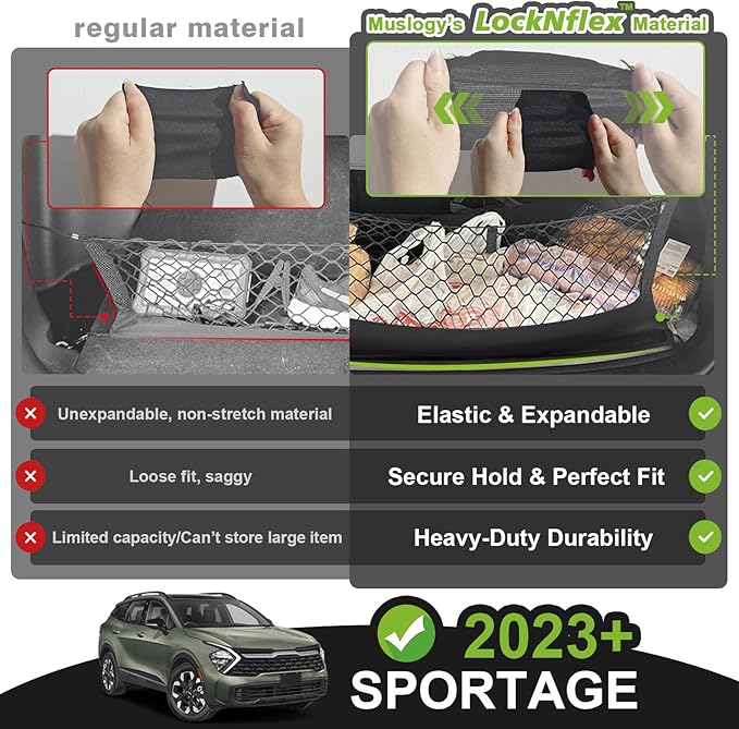 Muslogy Envelope Style Trunk Cargo Net Compatible with 2023 2024 2025 2026 Kia Sportage Accessories Stretchable Cargo Organizer Upgraded Mesh Storage Luggage Net with Metal Hooks