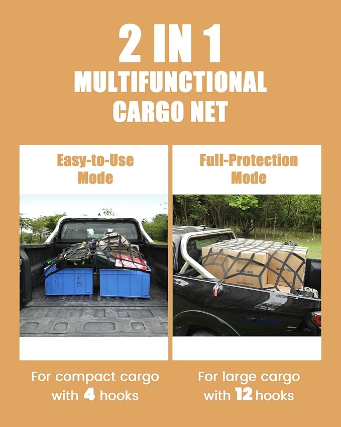 The First Flat Bungee Cargo Net for Pickup Truck Bed, 4' x 4' Stretches to 10' x 10', 25 MM Heavy Duty Cargo Net with 2 Using Modes, for Dodge RAM, Ford, Chevy, Toyota, etc