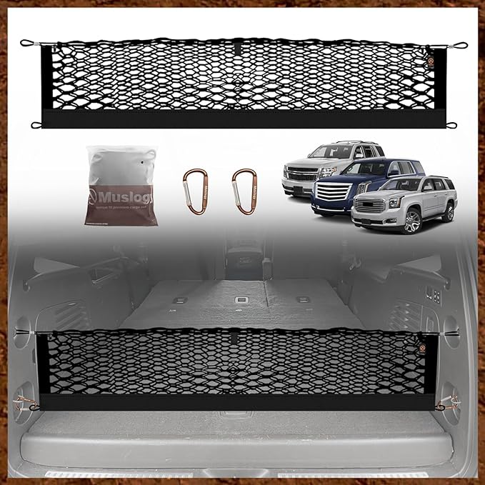 Muslogy Envelope Style Trunk Cargo Net Compatible with 2015-2020 Chevy Tahoe, GMC Yukon, Cadillac Escalade Accessories Upgraded Mesh Storage Luggage Net with Metal Hooks