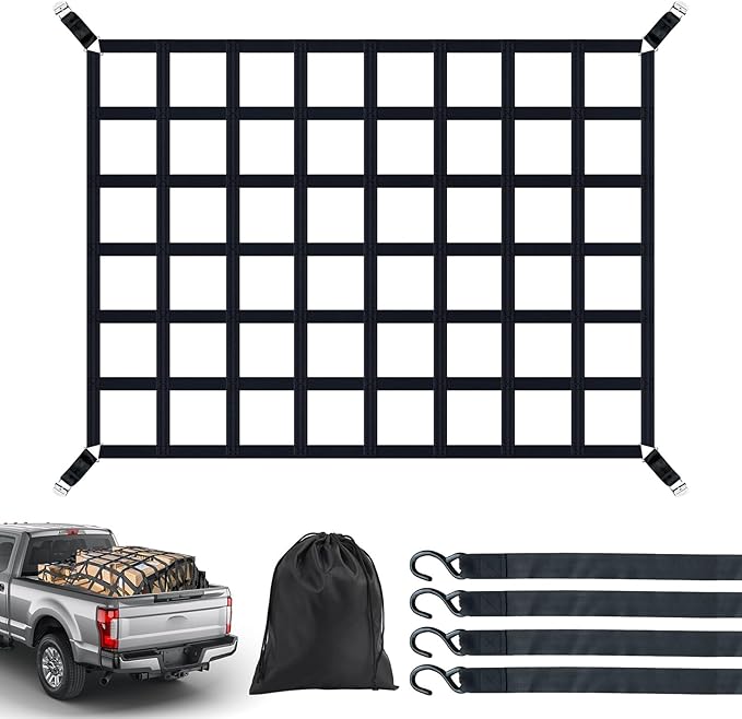 Heavy Duty Cargo Net for Pickup Truck Bed 66" x 50" 1100 lbs Capacity with Adjustable Cam Buckles S-Hooks and Drawstring Storage Bag, Durable Nylon for Trailers and Trucks