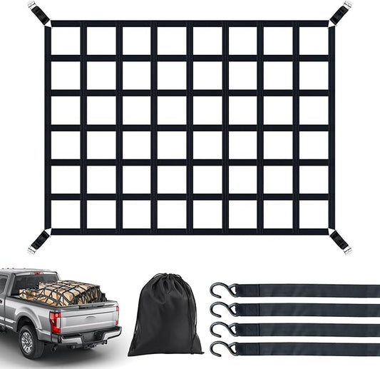 Heavy Duty Cargo Net for Pickup Truck Bed 66" x 50" 1100 lbs Capacity with Adjustable Cam Buckles S-Hooks and Drawstring Storage Bag, Durable Nylon for Trailers and Trucks
