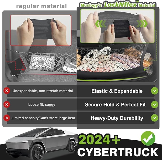 Muslogy Truck Bed Cargo Net Compatible with Tesla Cybertruck 2023 2024 2025 Accessories Storage Organizer Pickup Truck Bed Envelope Style Cargo Net with Heavy Duty Carabiners