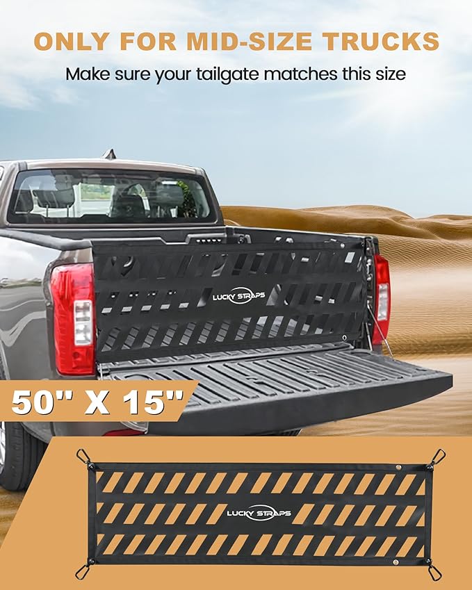 LUCKY STRAPS Tailgate Net for Pickup Truck Bed, 50'' x 15'' Heavy Duty Tailgate Cargo Netting for Small & Mid-Size Truck, Easy-to-use Tailgate Mesh for Chevy, Ford, Toyota, GMC, Dodge RAM, Jeep(Black)