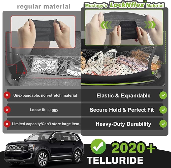 Muslogy Envelope Style Trunk Cargo Net Compatible with 2020-2024 2025 Kia Telluride Accessories Custom Fit Trunk Organizer Upgraded Mesh Storage Luggage Net with Metal Hooks