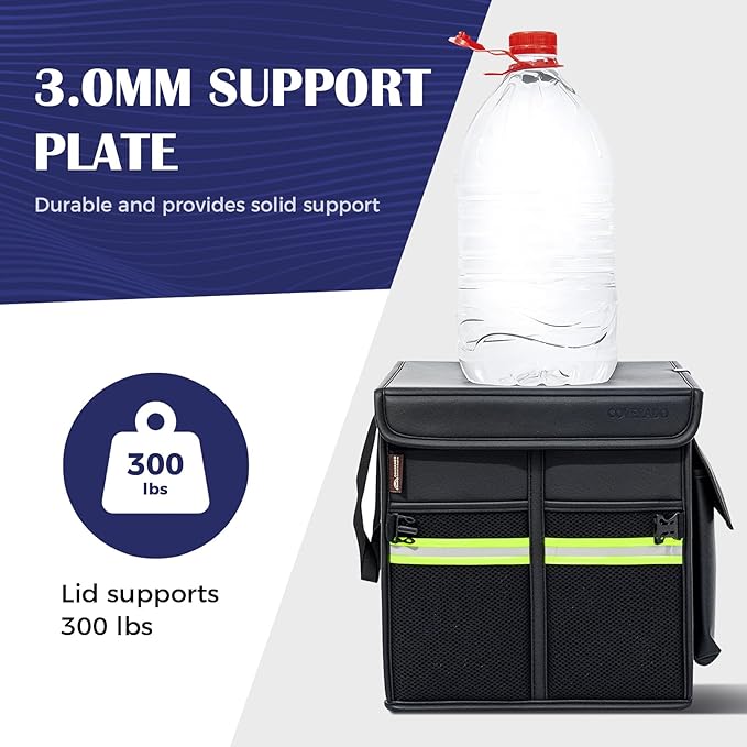 Coverado Trunk Organizer for Car- Nappa Leather Trunk Organizer for SUV with Lid, 30L Multi Collapsible Car Storage Organizer Foldable, Multi Compartments with 2 Straps for SUV/Truck