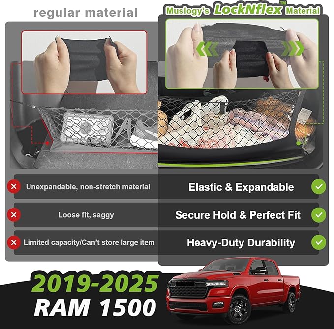 Muslogy Truck Bed Cargo Net Compatible with Dodge Ram 1500 2019-2025 Accessories Storage Organizer Pickup Truck Bed Envelope Style Cargo Net with Heavy Duty Carabiners 10