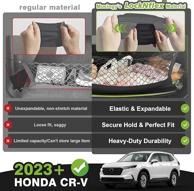 Muslogy Envelope Style Trunk Cargo Net Compatible with 2023-2025 Honda CR-V Accessories Custom Fit Trunk Organizer Upgraded Mesh Storage Luggage Net with Metal Hooks