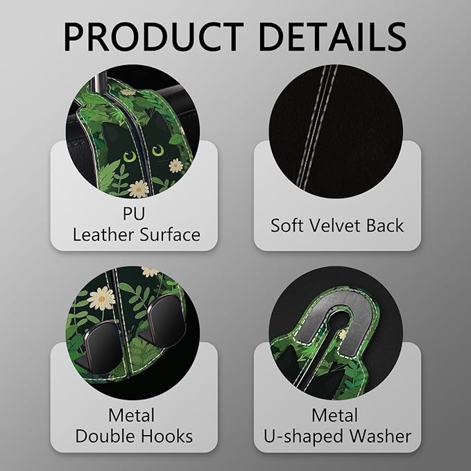 Blusabaca 2PCS Car Seat Back Storage Headrest Hooks, Black Cat Floral Purse Holder Bags Hanger, PU Leather Double Metal Hook for Backseat Organizer, Women Car Accessories Organization