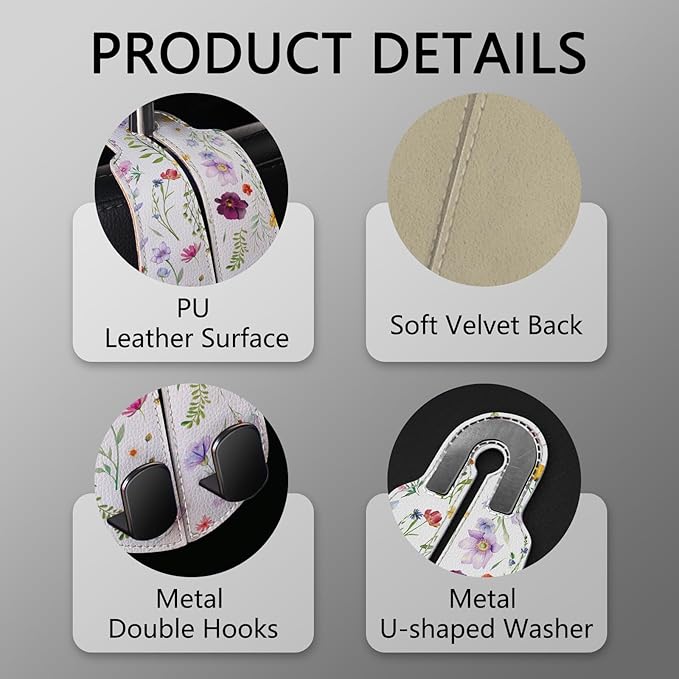 Blusabaca 2PCS Car Seat Back Storage Headrest Hooks, Flowers Floral Purse Holder Bags Hanger, PU Leather Double Metal Hook for Backseat Organizer, Women Car Accessories Organization