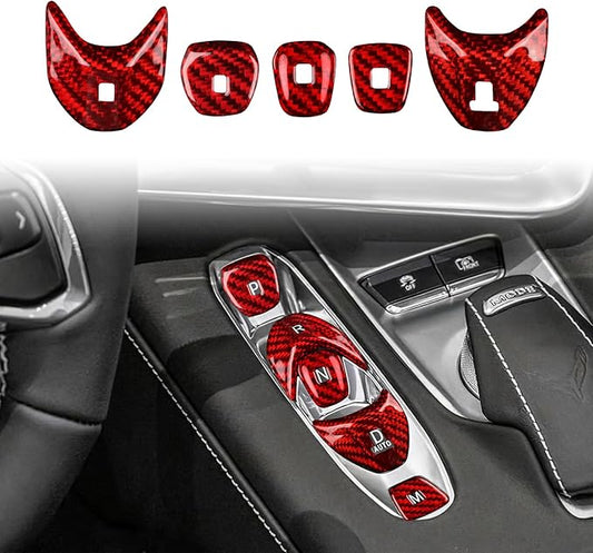 Carbon Fiber, Car Gear Shift Button Cover, for C8 Center Console Panel Cover Decoration for Chevrolet Corvette C8 2020 2021 2022 2023, Red