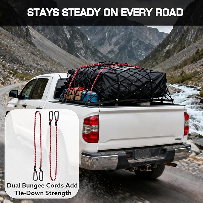 Cargo Net for Pickup Truck Bed, Stretchable 4'x4' to 7'x7' Fine Mesh Elastic Net Set with Heavy-Duty Iron Hooks & 2 Tie-Down Straps, Secure Truck Bed Cargo Netting for Pickup and Trailer Transport
