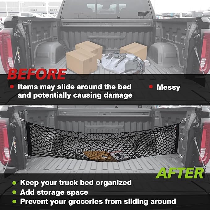 Muslogy Truck Bed Cargo Net Compatible with Toyota Tundra 2007-2024 2025 Accessories Storage Organizer Pickup Truck Bed Envelope Style Cargo Net with Heavy Duty Carabiners