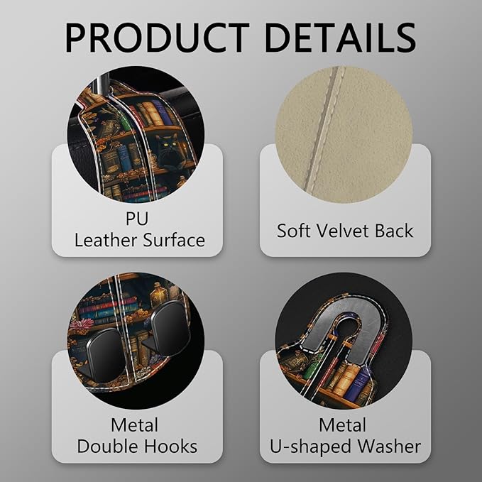 Blusabaca 2PCS Car Hooks for Purses and Bags, Goth Gothic Bookshelf Black Cat Seat Back Storage Headrest Holder Hanger PU Leather Double Metal Backseat Organizer, Women Car Accessories Organization