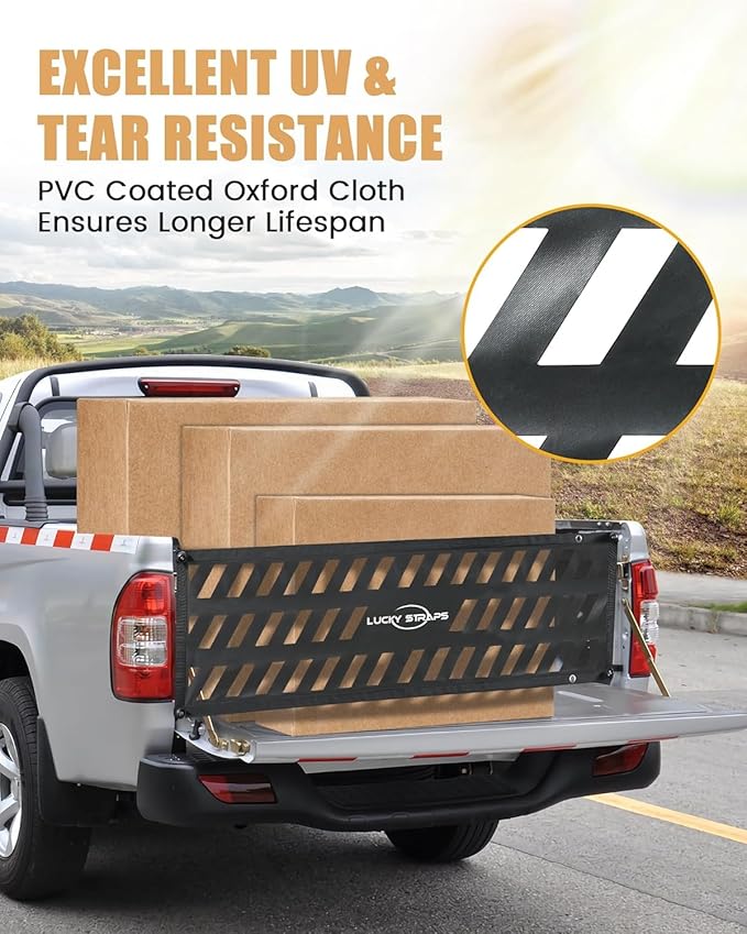 LUCKY STRAPS Tailgate Net for Pickup Truck Bed, 50'' x 15'' Heavy Duty Tailgate Cargo Netting for Small & Mid-Size Truck, Easy-to-use Tailgate Mesh for Chevy, Ford, Toyota, GMC, Dodge RAM, Jeep(Black)
