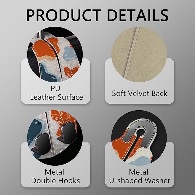Blusabaca 2PCS Car Seat Back Storage Headrest Hooks, Abstract Leaves Purse Holder Bags Hanger, PU Leather Double Metal Hook for Backseat Organizer, Women Car Accessories Organization