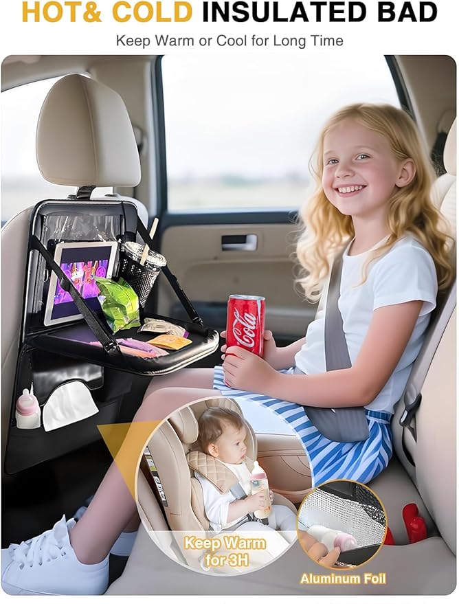 1-Pack Leather Car Backseat Organizer with Tablet Holder–Foldable Food Tray,Storage Pockets,Trash Can,Tissue Holder & Insulated Bag–Kick Mats Protector for Kids,Travel Accessories Organizer