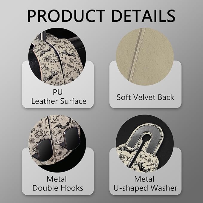 Blusabaca 2PCS Car Hooks for Purses and Bags, Goth Gothic Seat Back Storage Headrest Holder Hanger PU Leather Double Metal Hook for Backseat Organizer, Women Car Accessories Organization