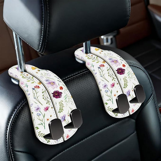 Blusabaca 2PCS Car Seat Back Storage Headrest Hooks, Flowers Floral Purse Holder Bags Hanger, PU Leather Double Metal Hook for Backseat Organizer, Women Car Accessories Organization
