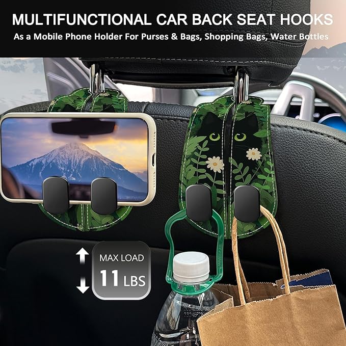 Blusabaca 2PCS Car Seat Back Storage Headrest Hooks, Black Cat Floral Purse Holder Bags Hanger, PU Leather Double Metal Hook for Backseat Organizer, Women Car Accessories Organization