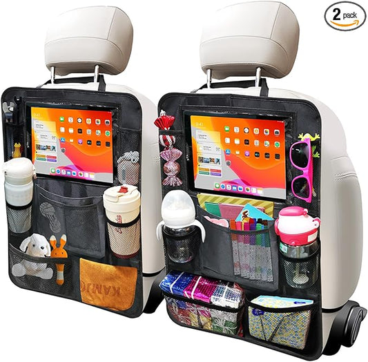 Backseat Organizer for Car, 2 PCS Seat Back Cover for Kids Toddlers with 10 Storage Pockets & 11″ Tablet Holder, Waterproof Back Seat Protector for Snacks Toys, Travel Accessories