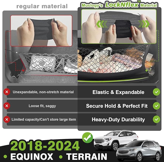 Muslogy Envelope Style Trunk Cargo Net Compatible with 2018-2024 Chevy Equinox & GMC Terrain Accessories Custom Fit Trunk Organizer Upgraded Mesh Storage Luggage Net with Metal Hooks