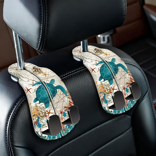 Blusabaca 2PCS Car Seat Back Storage Headrest Hooks, Sea Turtle Purse Holder Bags Hanger, PU Leather Double Metal Hook for Backseat Organizer, Women Car Accessories Organization