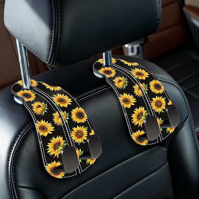 Blusabaca 2PCS Car Seat Back Storage Headrest Hooks, Sunflower Purse Holder Bags Hanger, PU Leather Double Metal Hook for Backseat Organizer, Women Car Accessories Organization