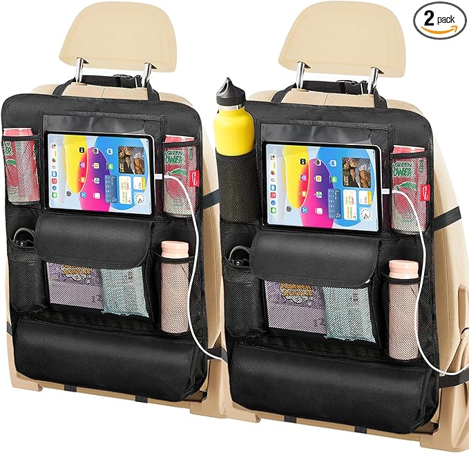 Car Seat Organizer with 13 in Tablet Holder, Waterproof Back Seat Protector, Kick Mats with 9 Storage Pockets, Interior and Travel Essentials, 2 Pack