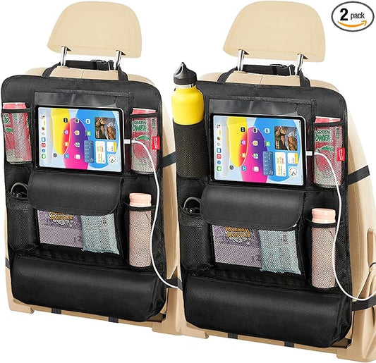Car Seat Organizer with 13 in Tablet Holder, Waterproof Back Seat Protector, Kick Mats with 9 Storage Pockets, Interior and Travel Essentials, 2 Pack