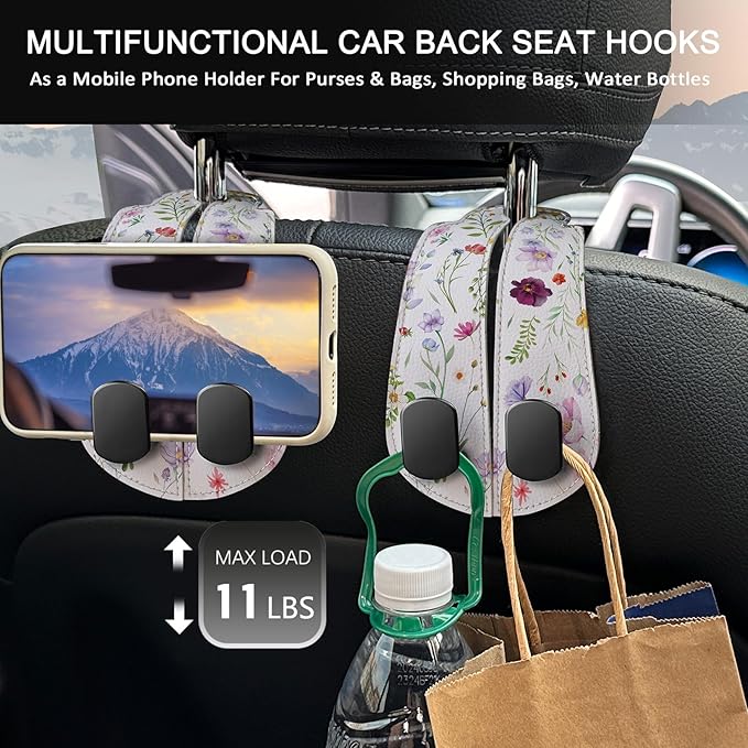 Blusabaca 2PCS Car Seat Back Storage Headrest Hooks, Flowers Floral Purse Holder Bags Hanger, PU Leather Double Metal Hook for Backseat Organizer, Women Car Accessories Organization