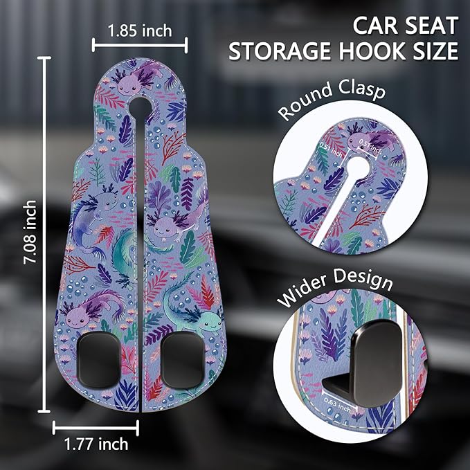 Blusabaca 2PCS Car Seat Back Storage Headrest Hooks, Cute Axolotl Purse Holder Bags Hanger, PU Leather Double Metal Hook for Backseat Organizer, Women Car Accessories Organization