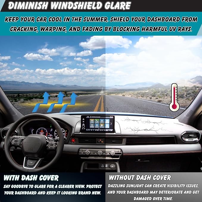 Non-Slip Dash Cover Dashboard Cover Mat Custom Fit Center Console Cover Sunshield Protector Pad Compatible with for Honda Pilot 2023 2024 2025 Accessories Pad (Without HUD) (Black Trim)