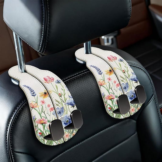 Blusabaca 2PCS Car Seat Back Storage Headrest Hooks, Floral Flowers Purse Holder Bags Hanger, PU Leather Double Metal Hook for Backseat Organizer, Women Car Accessories Organization