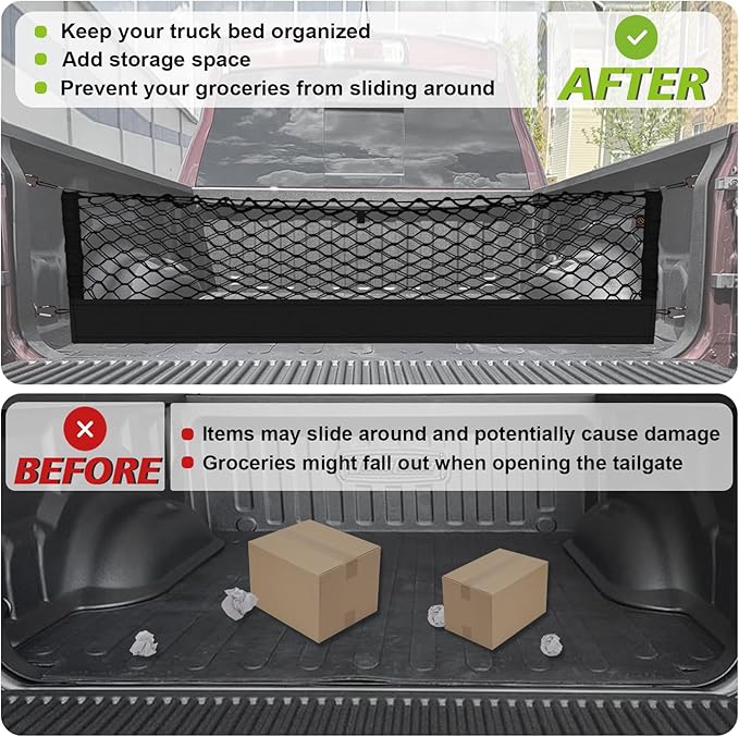 Muslogy Truck Bed Cargo Net Compatible with Dodge Ram 1500 2019-2025 Accessories Storage Organizer Pickup Truck Bed Envelope Style Cargo Net with Heavy Duty Carabiners 10